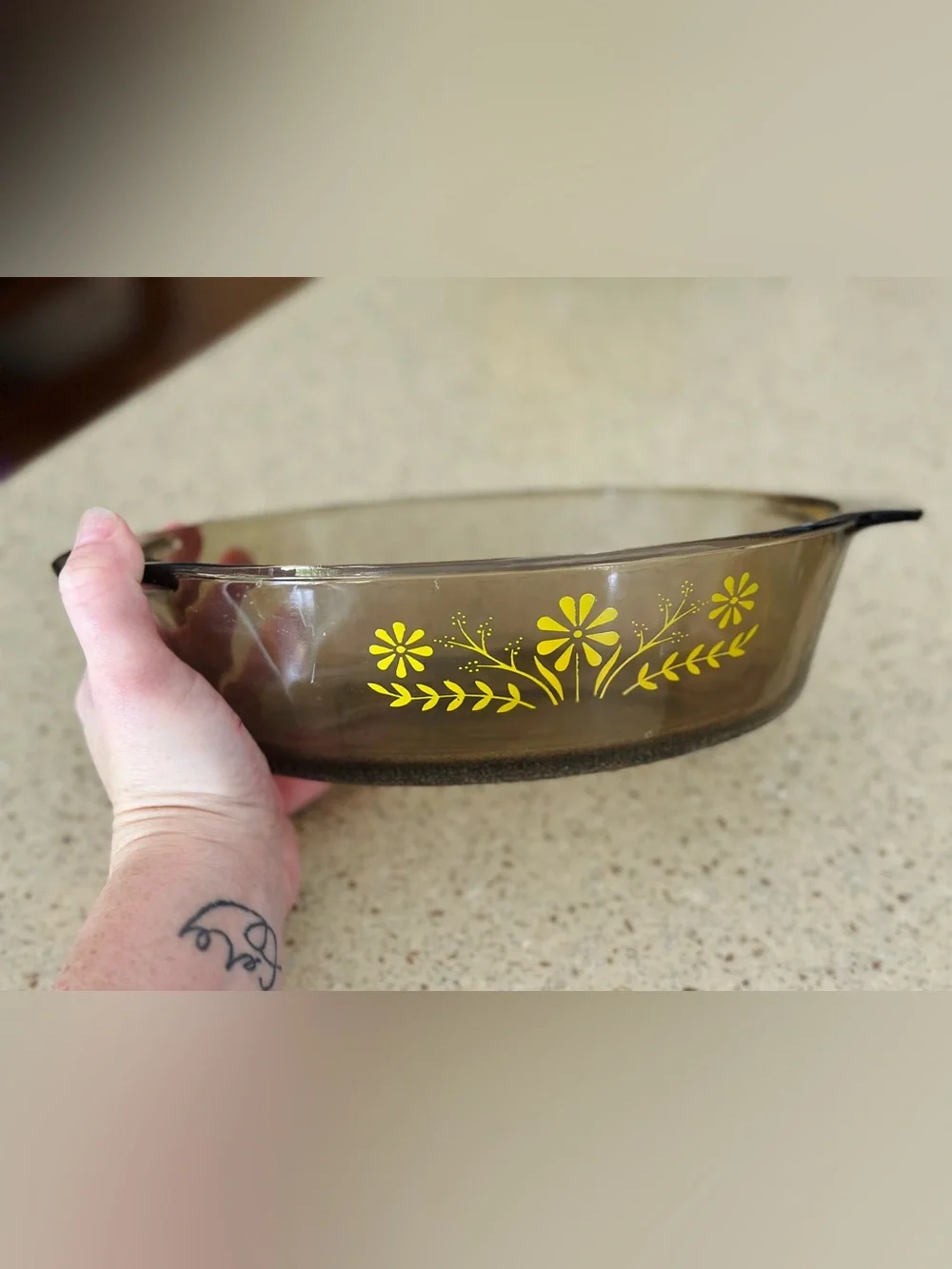 Vintage yellow daisy and smoked amber casserole dish
